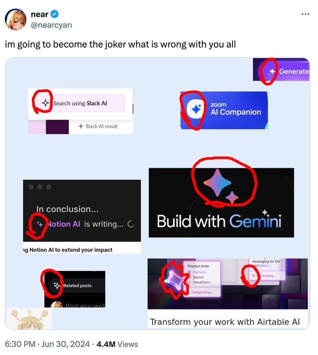 A collection of screenshots showing various AI products branded with the sparkles emoji