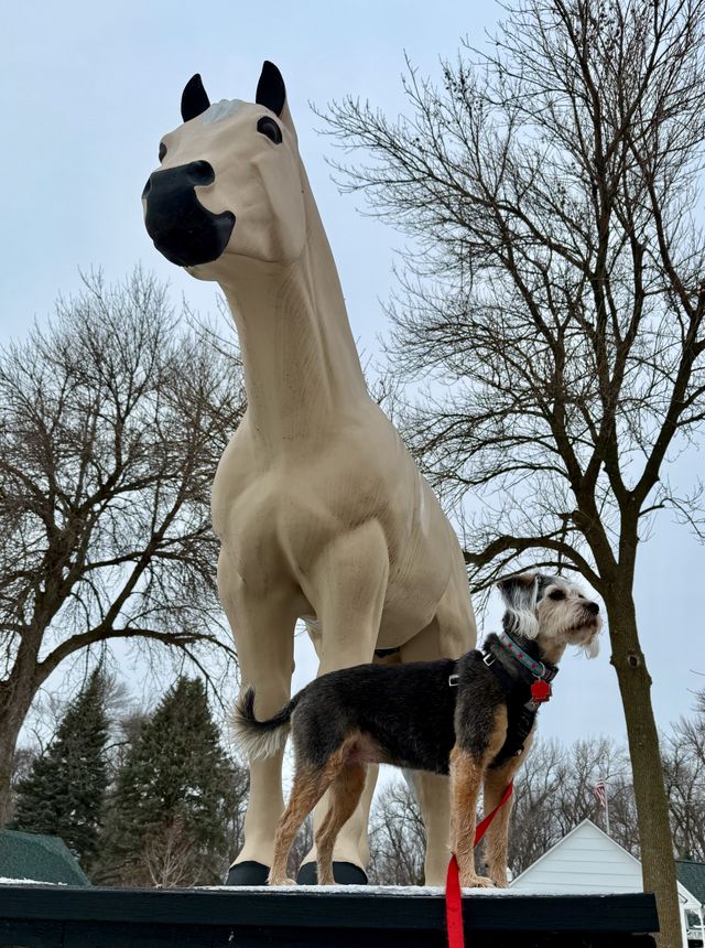 A dog standing on a platform next to a large statue of a horse