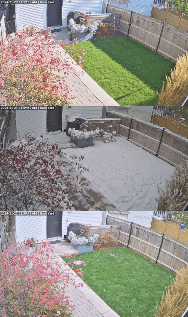 Three frames from a security camera on three consecutive days showing no snow on the ground, a ton of snow, and no snow again