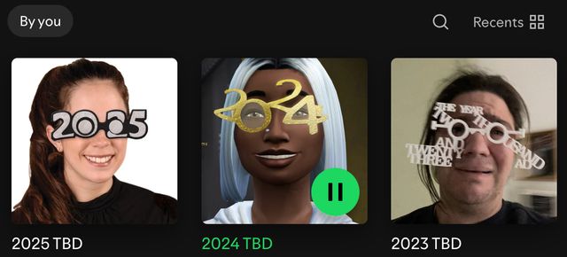 Three user-created Spotify playlists called "2025 TBD", "2024 TBD" and "2023 TBD". Each playlist's art is a person wearing novelty New Years Eve glasses with the corresponding year.