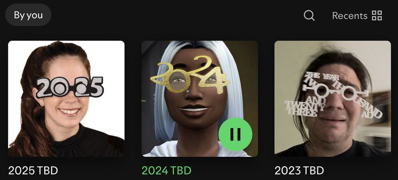 Three user-created Spotify playlists called "2025 TBD", "2024 TBD" and "2023 TBD". Each playlist's art is a person wearing novelty New Years Eve glasses with the corresponding year.
