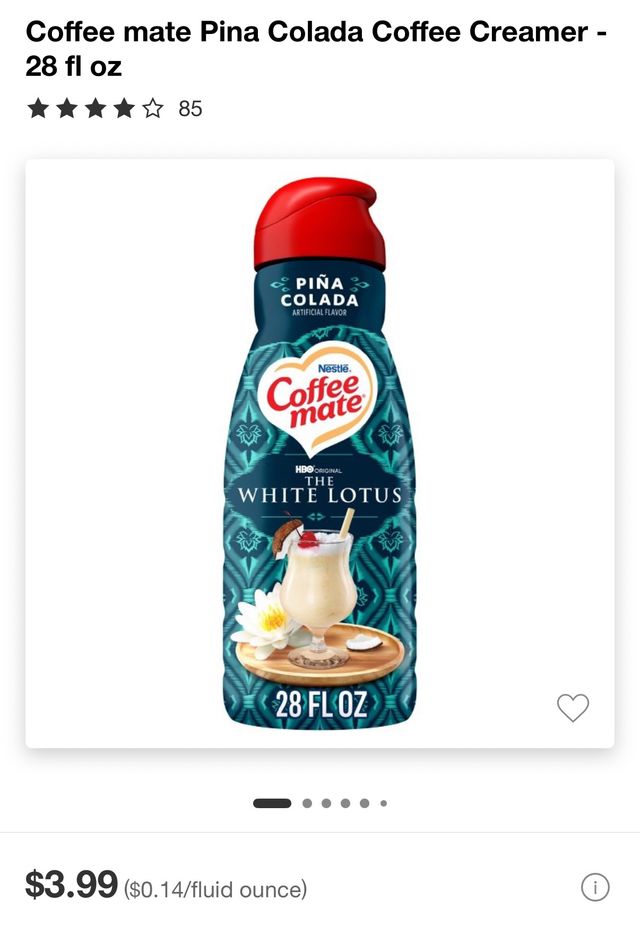 A bottle of Piña Colada coffee creamer from Coffee-mate, with "The White Lotus" branding.