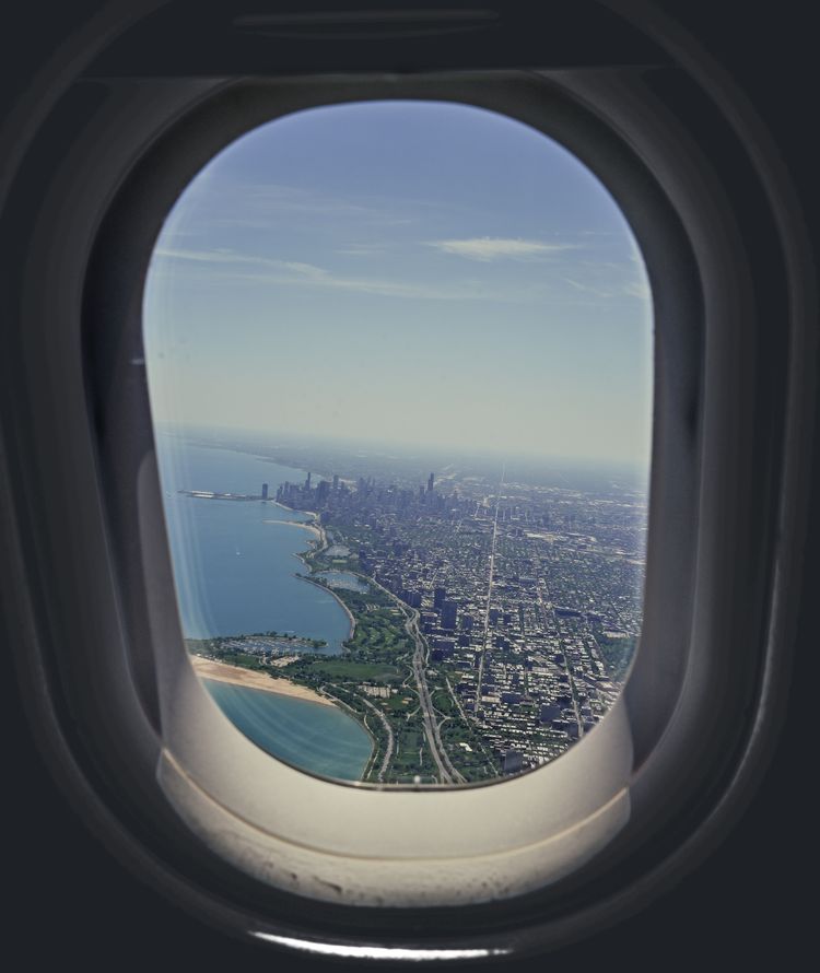 Downtown Chicago through an airplane window